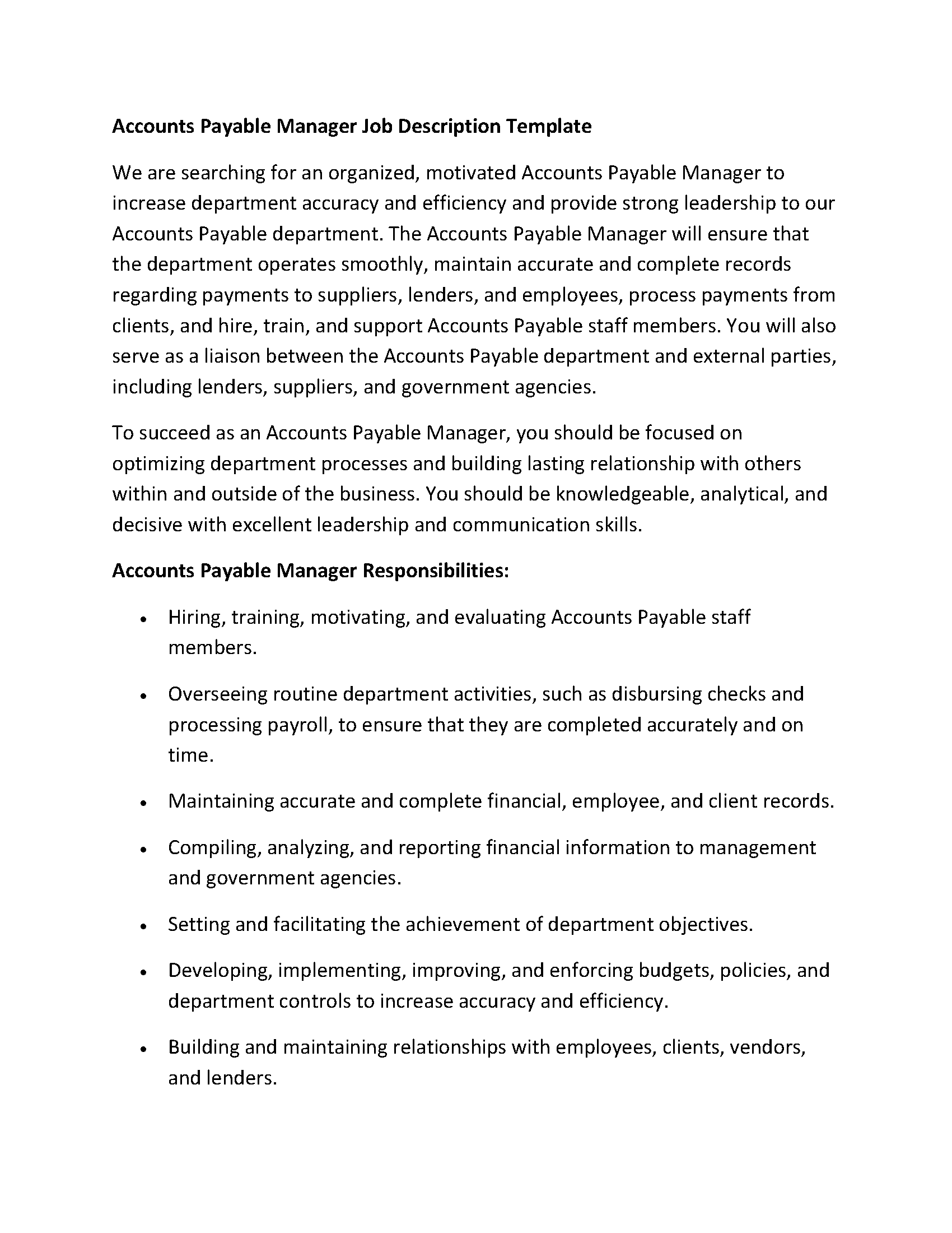 Accounts Payable Manager Job Description Template